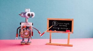 Roboter erklärt Krypto-Trading auf einer Tafel
