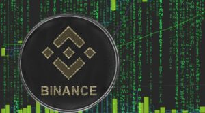 Binance Coin (BNB) vor grünem, "Matrix"-artigem Hintergrund